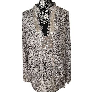 Chico’s size large silver sequined black & white & silver semi sheer top